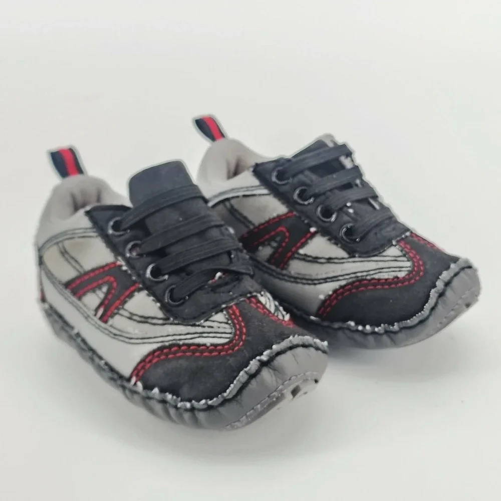 ABG Baby Soft Sole Sneakers Grey Black Red‎ Sporty Infant Shoes 6-9 Months